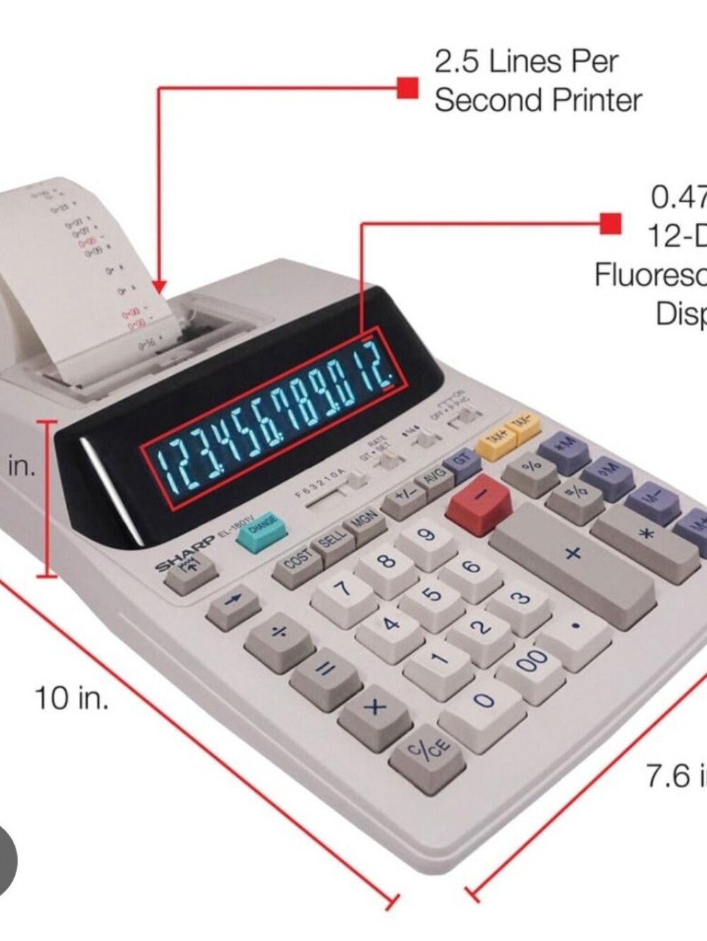 Sharp EL-1801V Ink Printing Calculator, 12-Digit LCD, AC Powered, Off-White